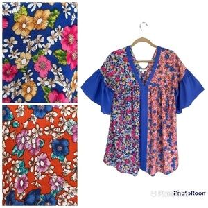 Umgee Boho Floral Print V-Neck Tunic Top Mini Dress Size Small